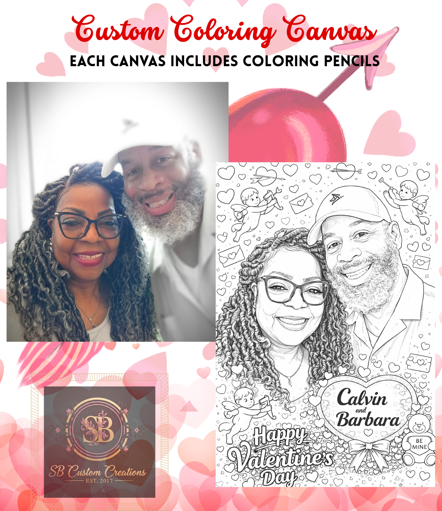 Personalized Coloring Page Canvas 8x10 Love Themed Gift Includes Colored Pencils