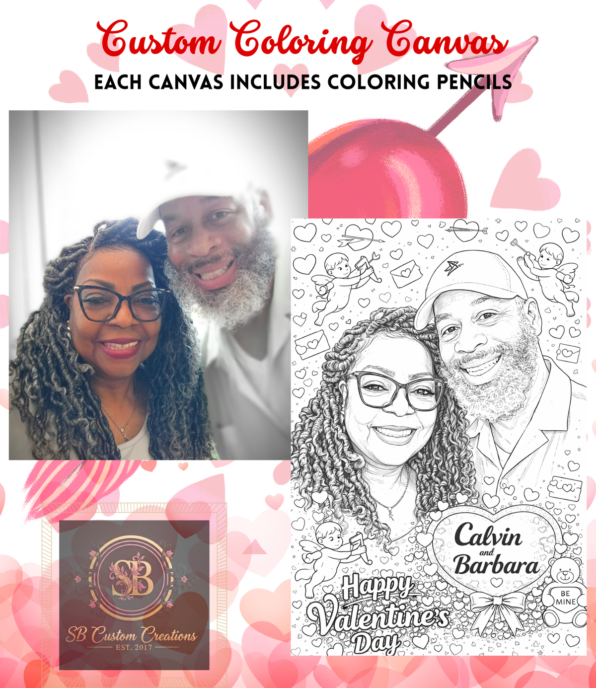 Personalized Coloring Page Canvas 8x10 Love Themed Gift Includes Colored Pencils