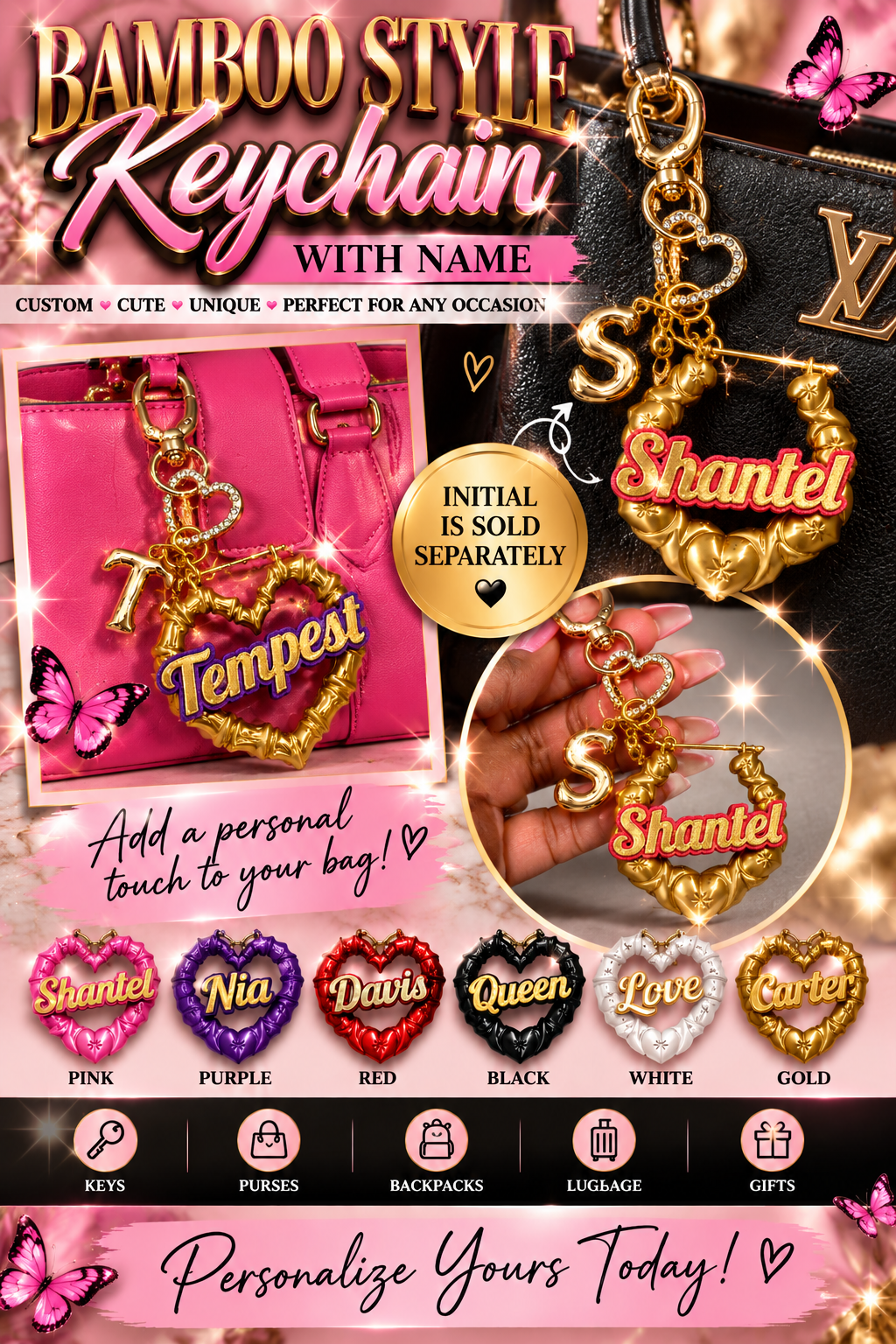 Personalized 3D Printed Bamboo Style Name Keychain & Bag Charm