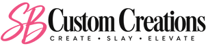 A logo on a white background featuring a pink stylized 'SB' monogram next to the words 'Custom Creations' in black, with the tagline 'CREATE • SLAY • ELEVATE' below.